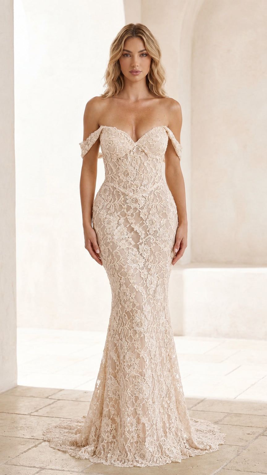 Front view of champagne lace evening gown