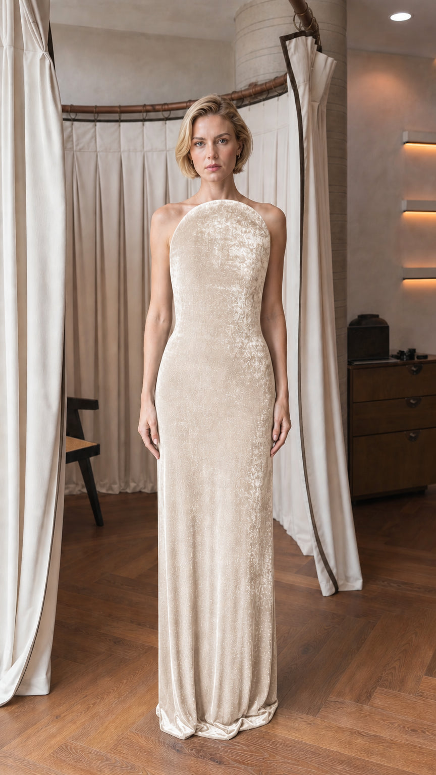 Model wearing champagne velvet halter evening gown