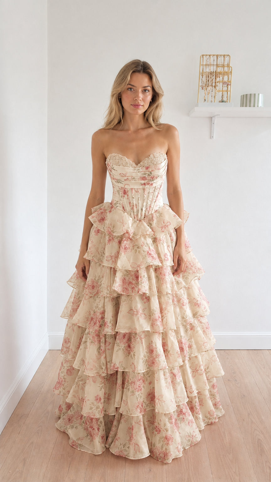Champagne floral strapless corset ball gown