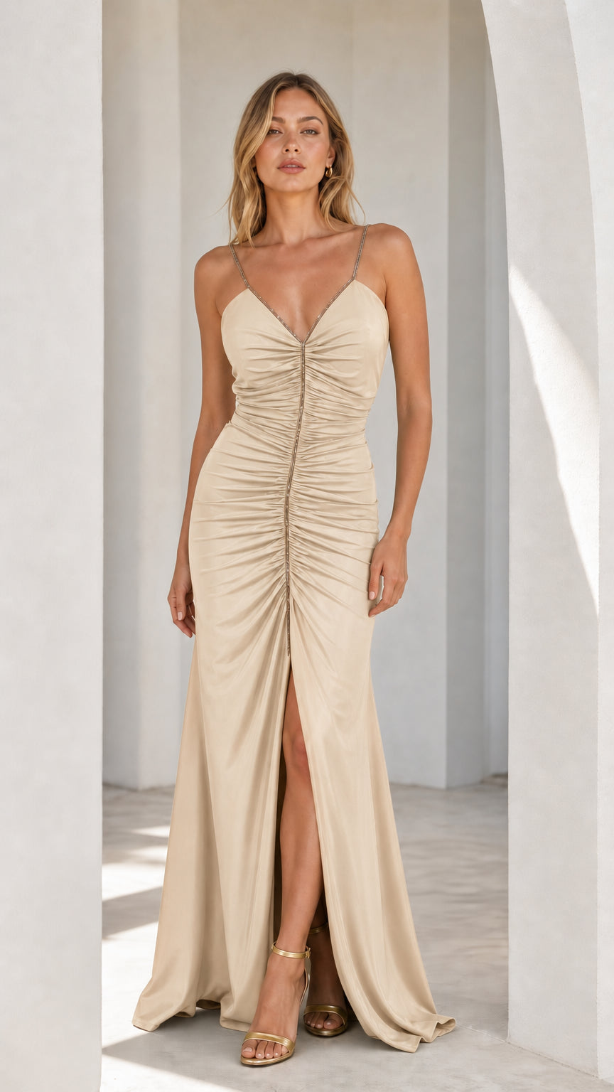 Beige Ruched Rhinestone Strap Maxi Dress