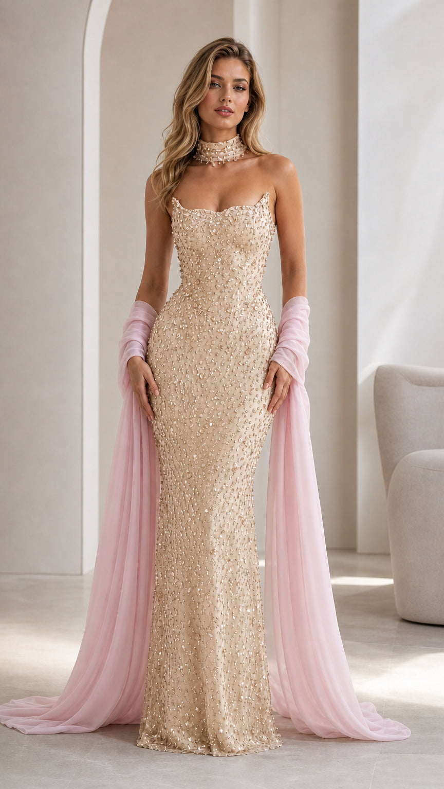 Front view of champagne sequin evening gown