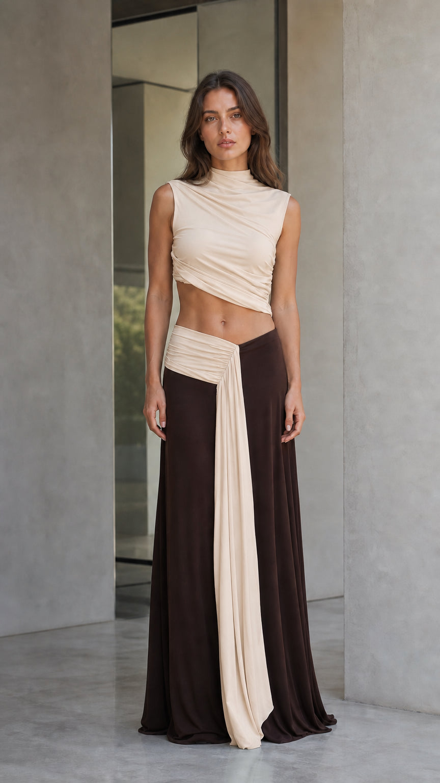 Front view of cream and brown two-piece maxi dress set