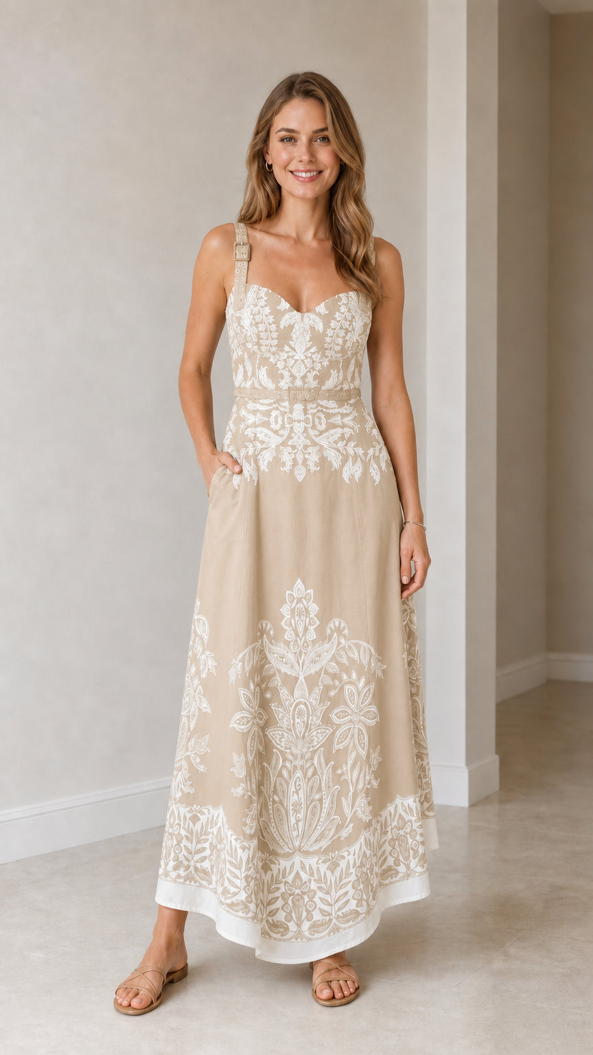 Model wearing beige botanical print maxi dress