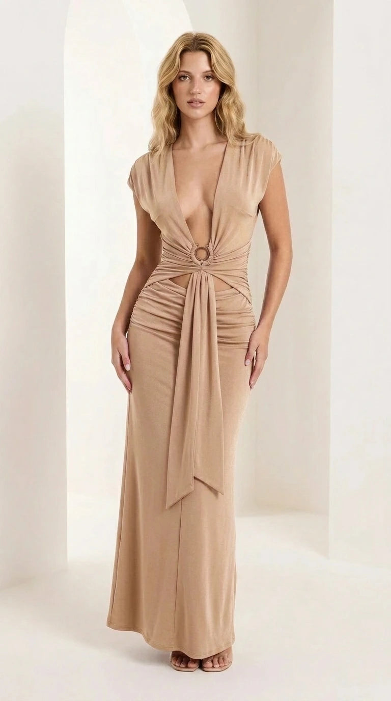 Full view of woman wearing beige color variant