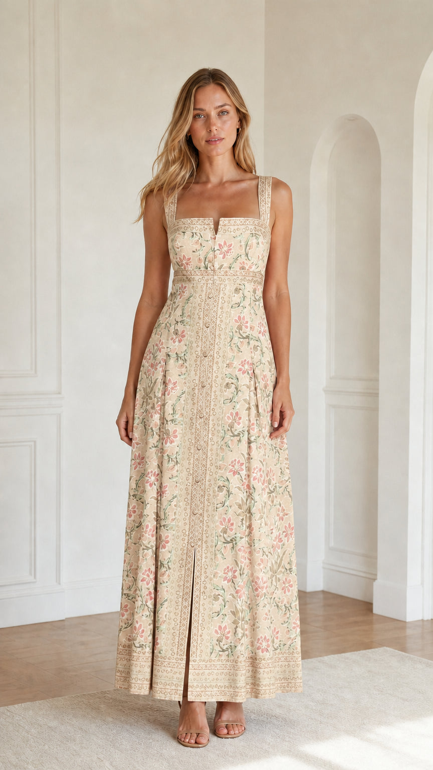 Model wearing cream floral print maxi dress