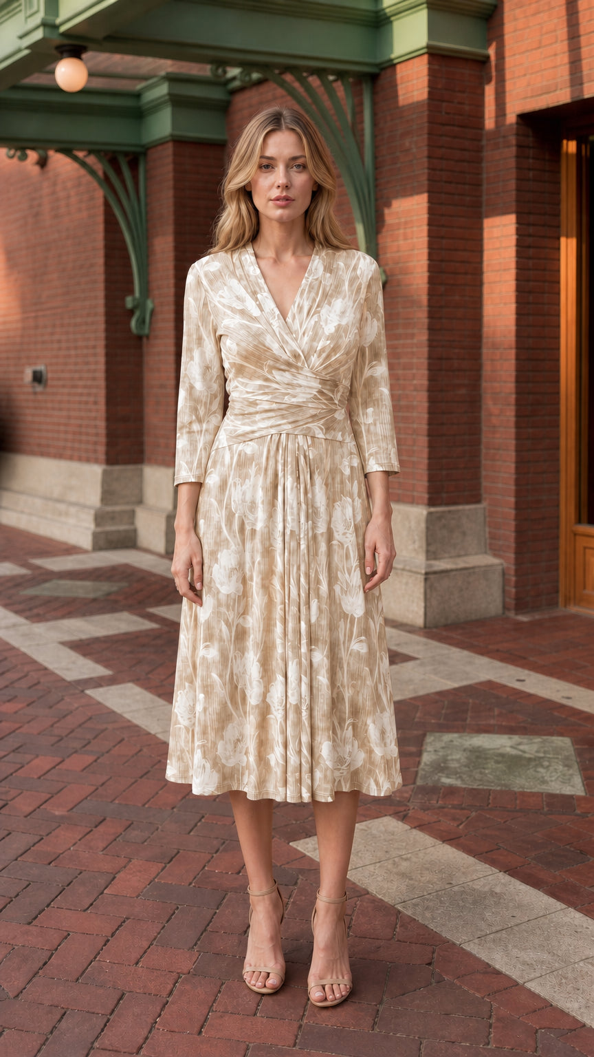 Front view of model wearing beige floral pleated midi dress