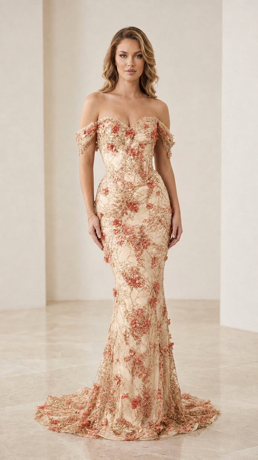 Champagne color variant of off-the-shoulder mermaid evening gown