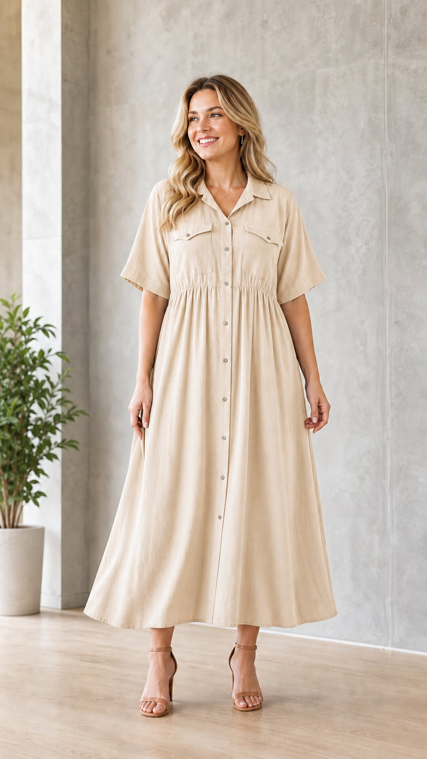 Woman wearing beige utility midi shirt dress