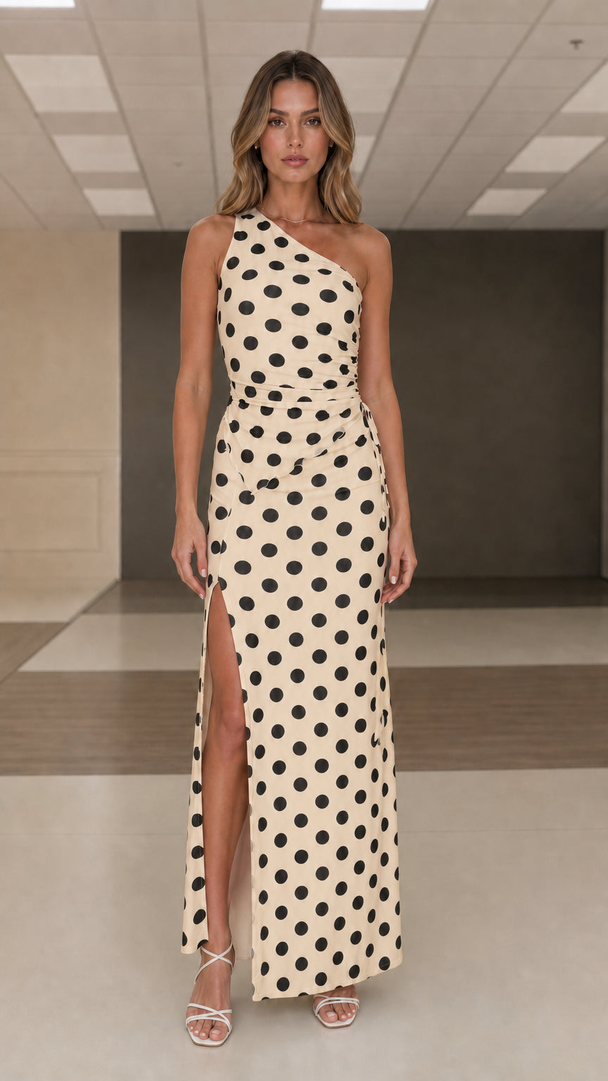 Front view of champagne and black polka dot one shoulder maxi dress