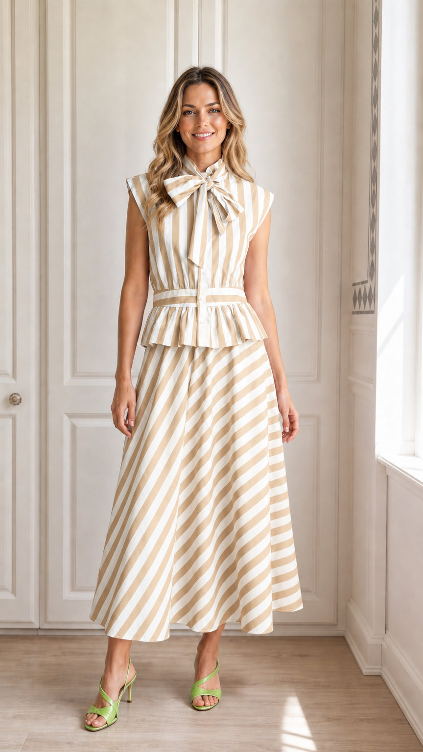 Model wearing khaki and white striped midi dress