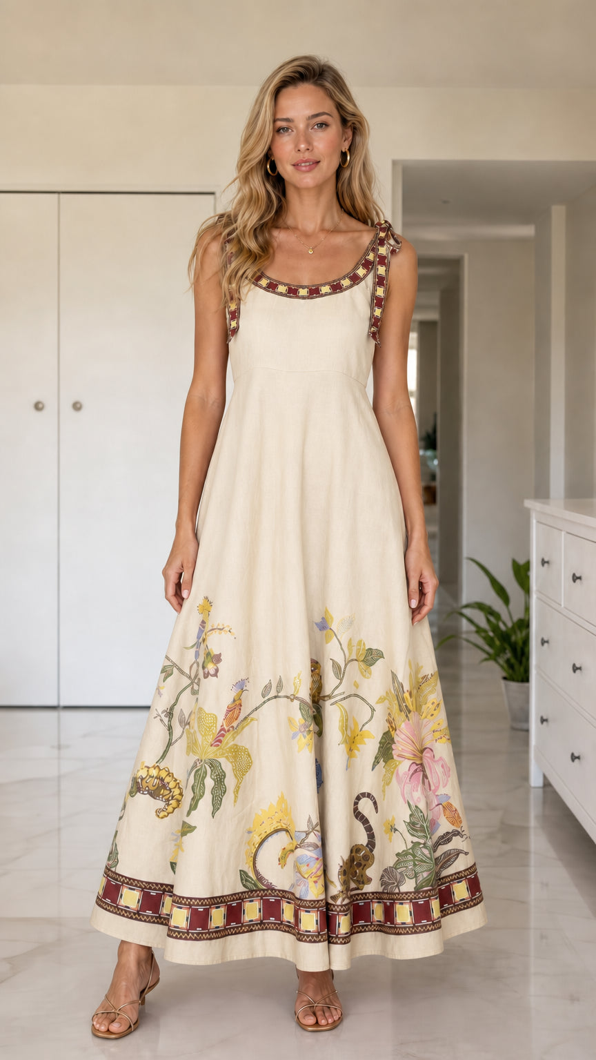 Front full view of cream floral maxi dress variant