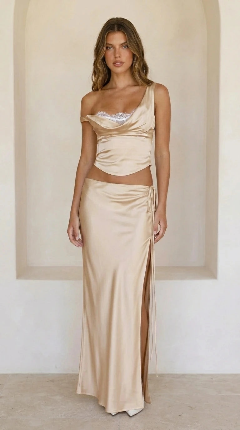 Front view of champagne satin two-piece set