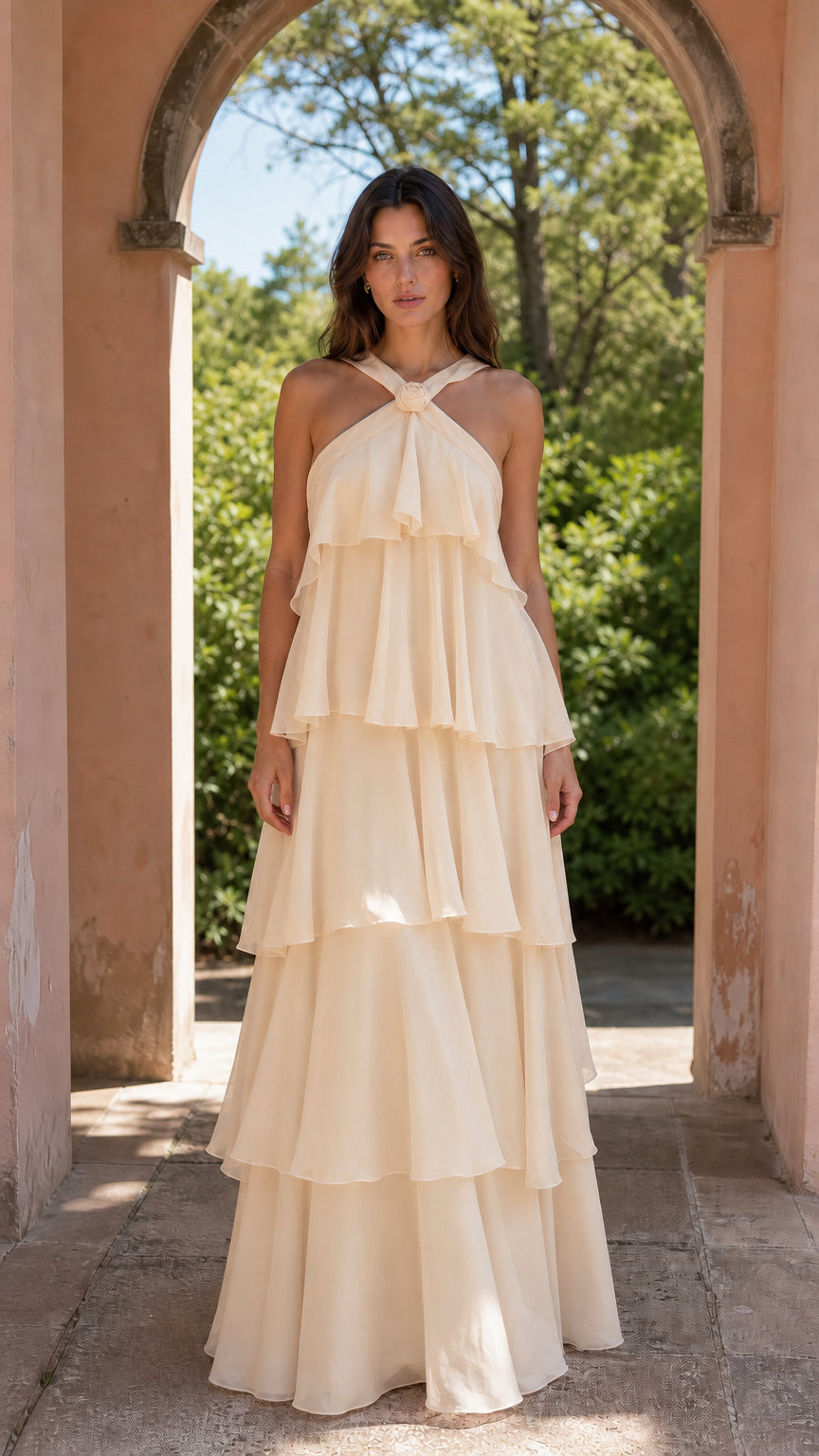 Model wearing champagne cream tiered maxi dress
