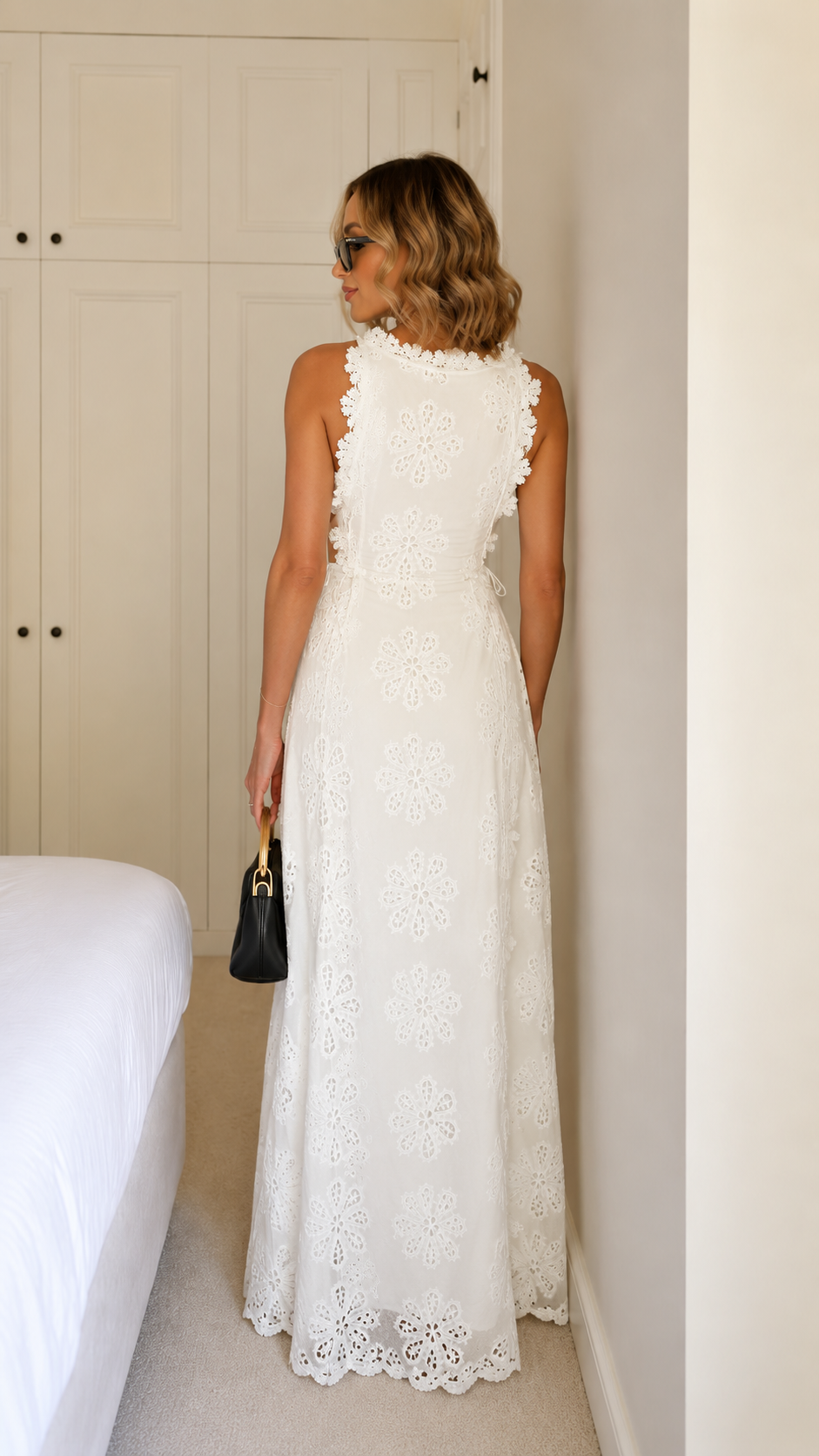 White sleeveless floral lace maxi dress back view