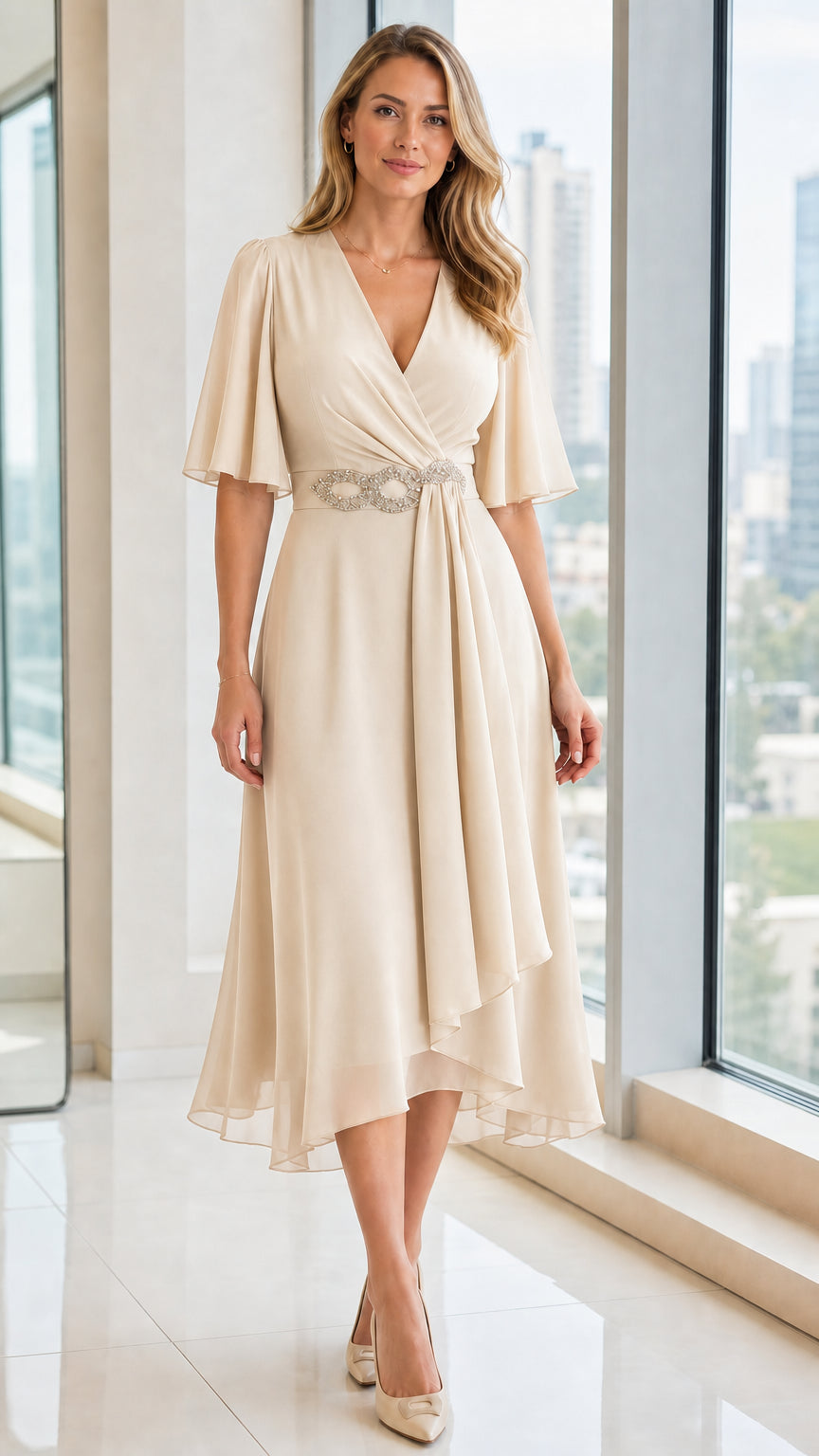 Front view of champagne V-neck chiffon midi dress on model