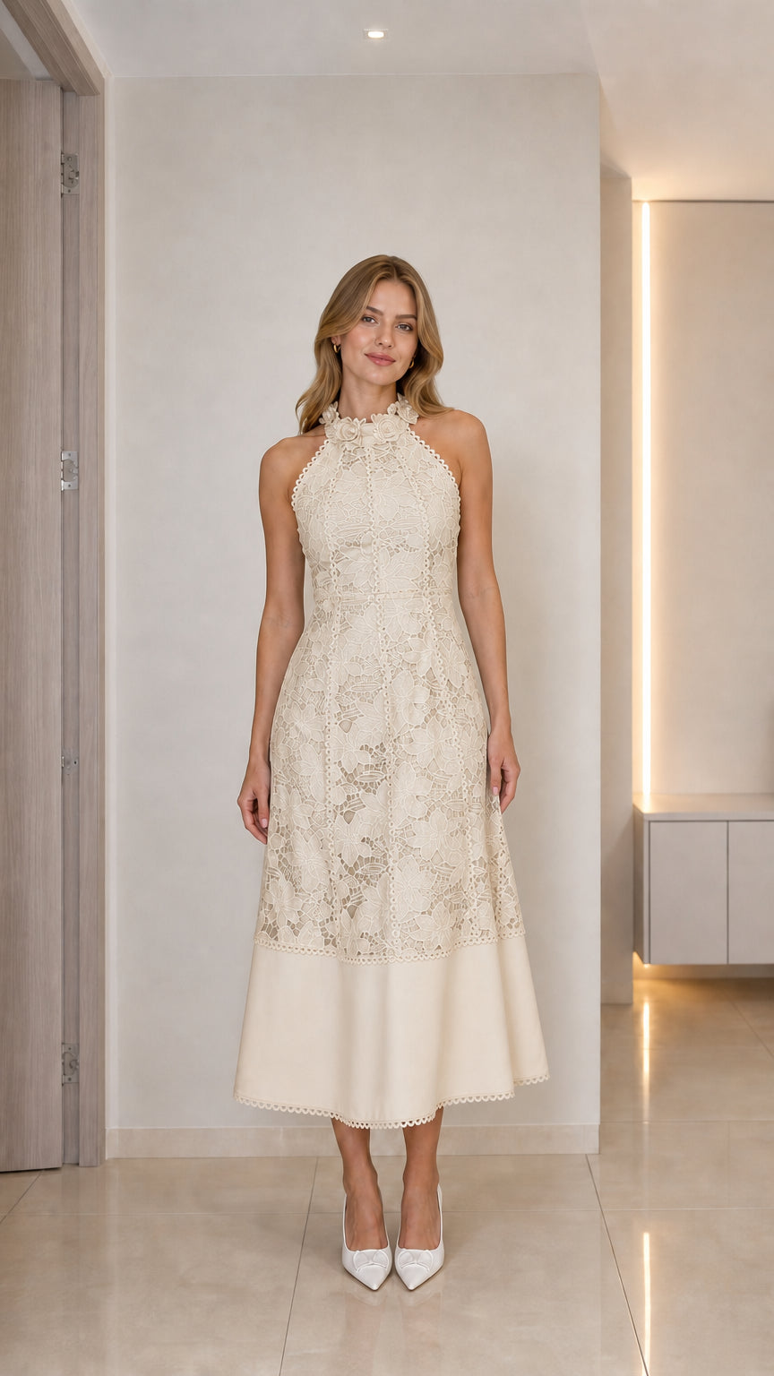 Model wearing beige halter neck floral lace midi dress