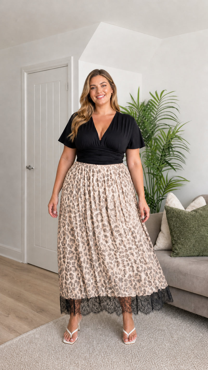 Front view of plus size beige leopard print midi dress
