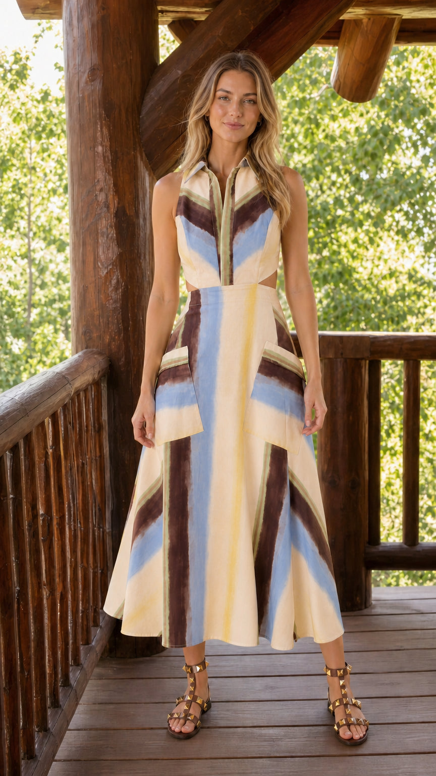 Alternative front view of cream striped midi dress