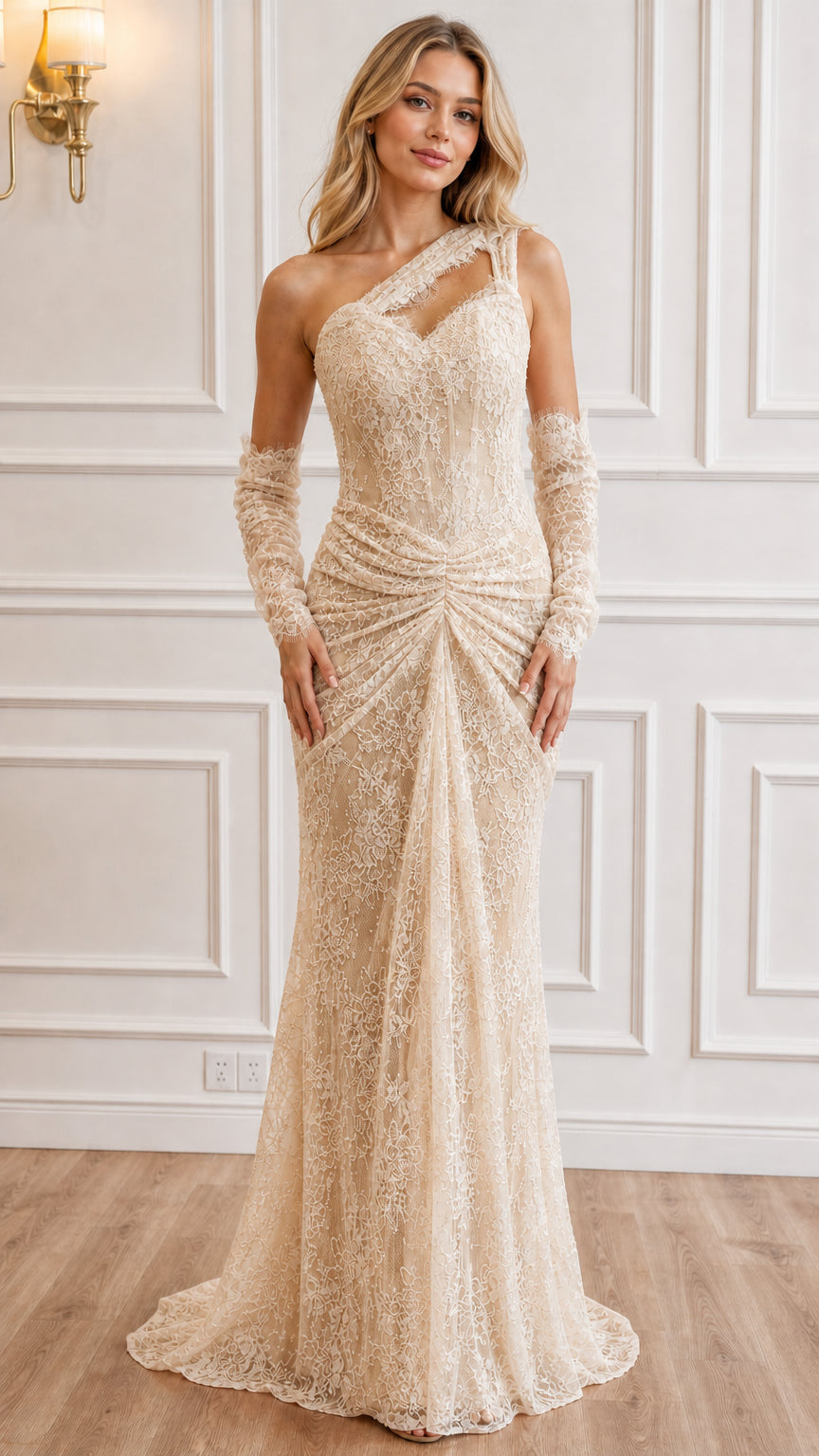 Front view of champagne one-shoulder lace maxi dress with gloves