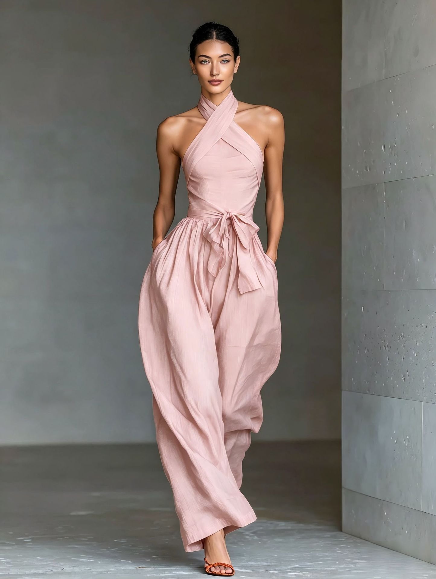 Halter Neck Linen-Blend Wide-Leg Jumpsuit
