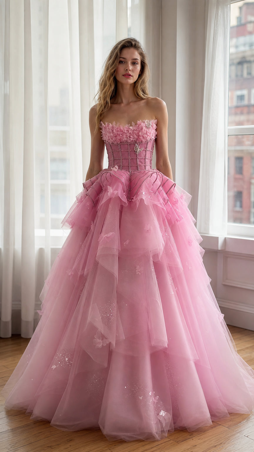 Ethereal Pink Tulle Ball Gown Front View
