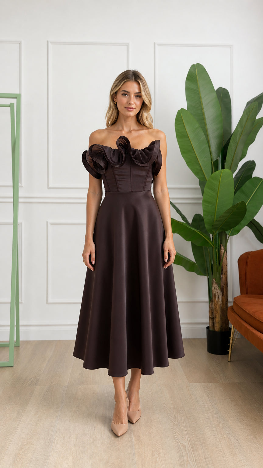 Front view of woman wearing brown off-shoulder ruffle corset midi dress