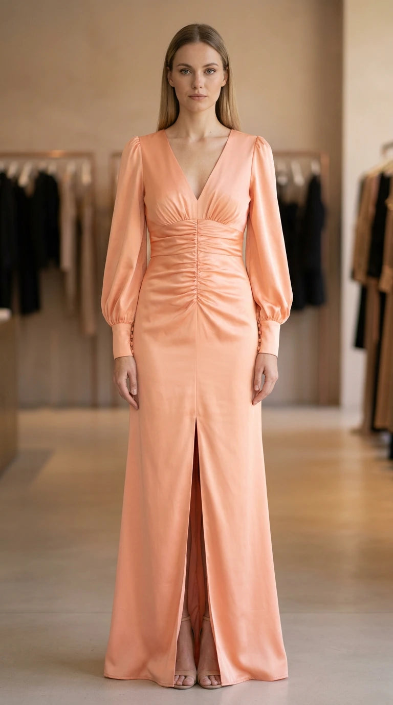 Model wearing peach ruched v-neck long sleeve maxi dress front view