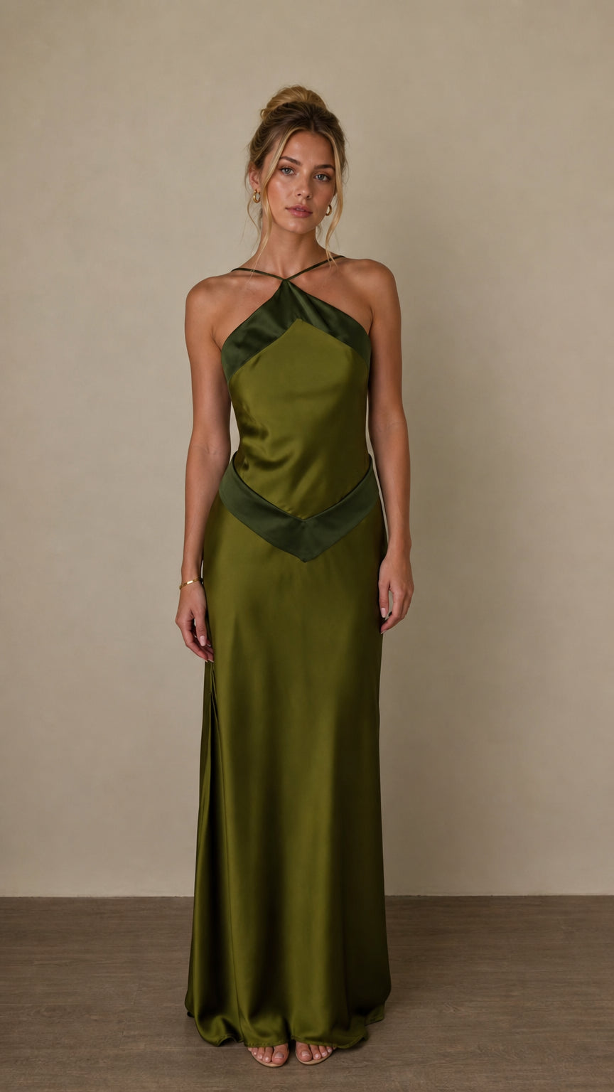 Front view of olive satin halter maxi dress on model