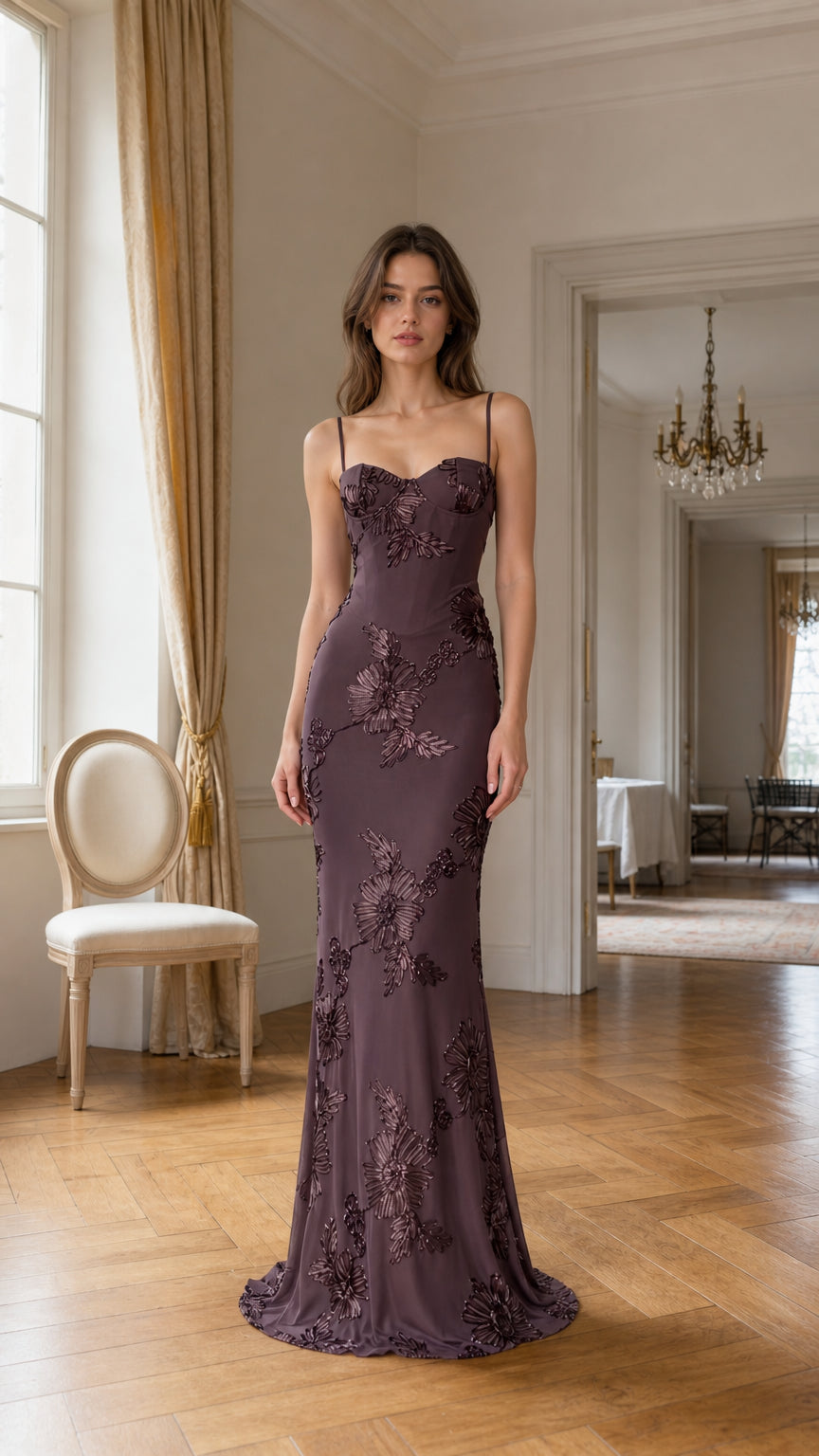 Front view of burgundy floral applique evening gown