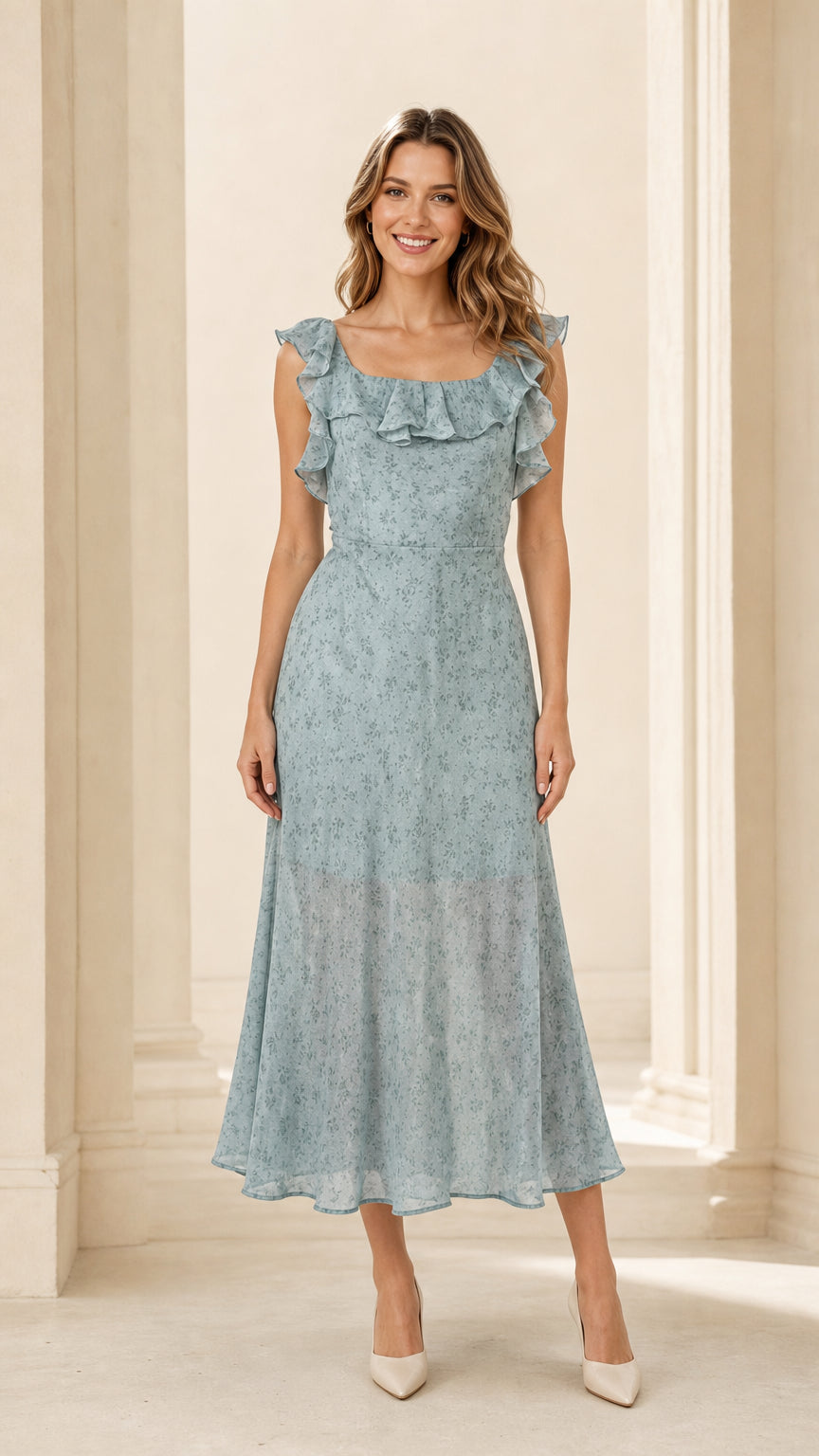 Front view of woman wearing blue ruffled floral midi dress