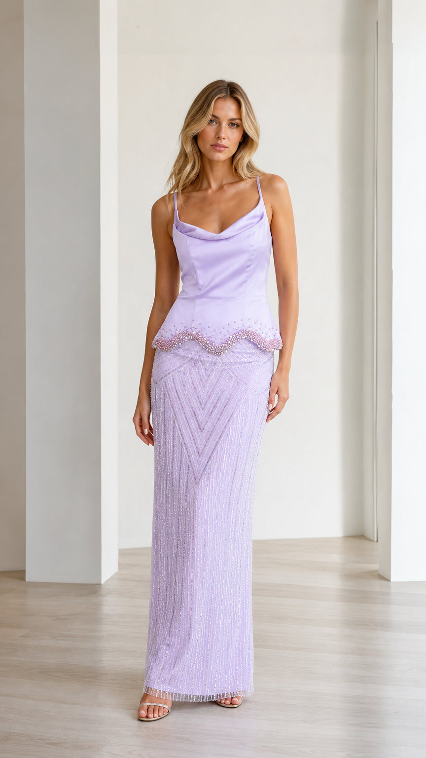 Elegance Beaded Cami Peplum Maxi Dress in Lavender front view