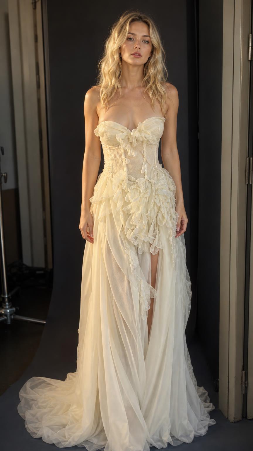 Ethereal Ruffled Corset Strapless Long Gown in Champagne front view