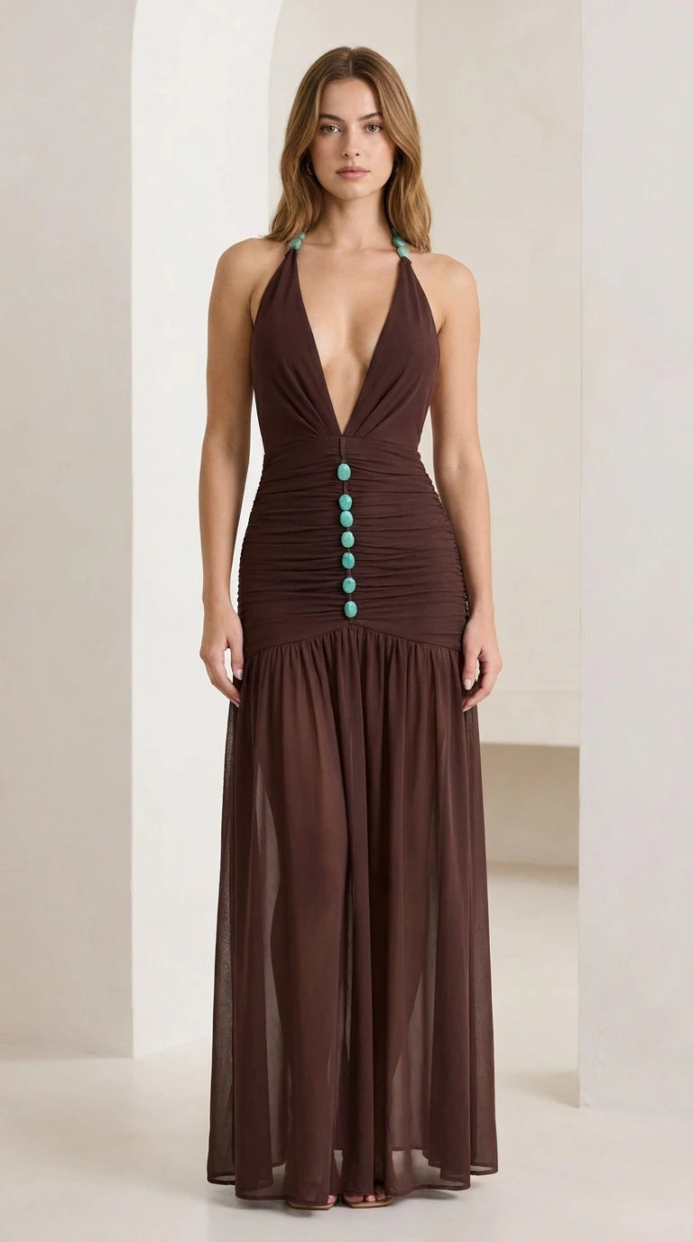 Front view of brown halter neck ruched maxi dress