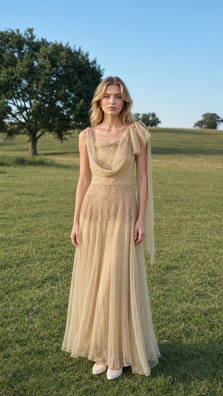 Front view of model wearing champagne tulle maxi dress in a field