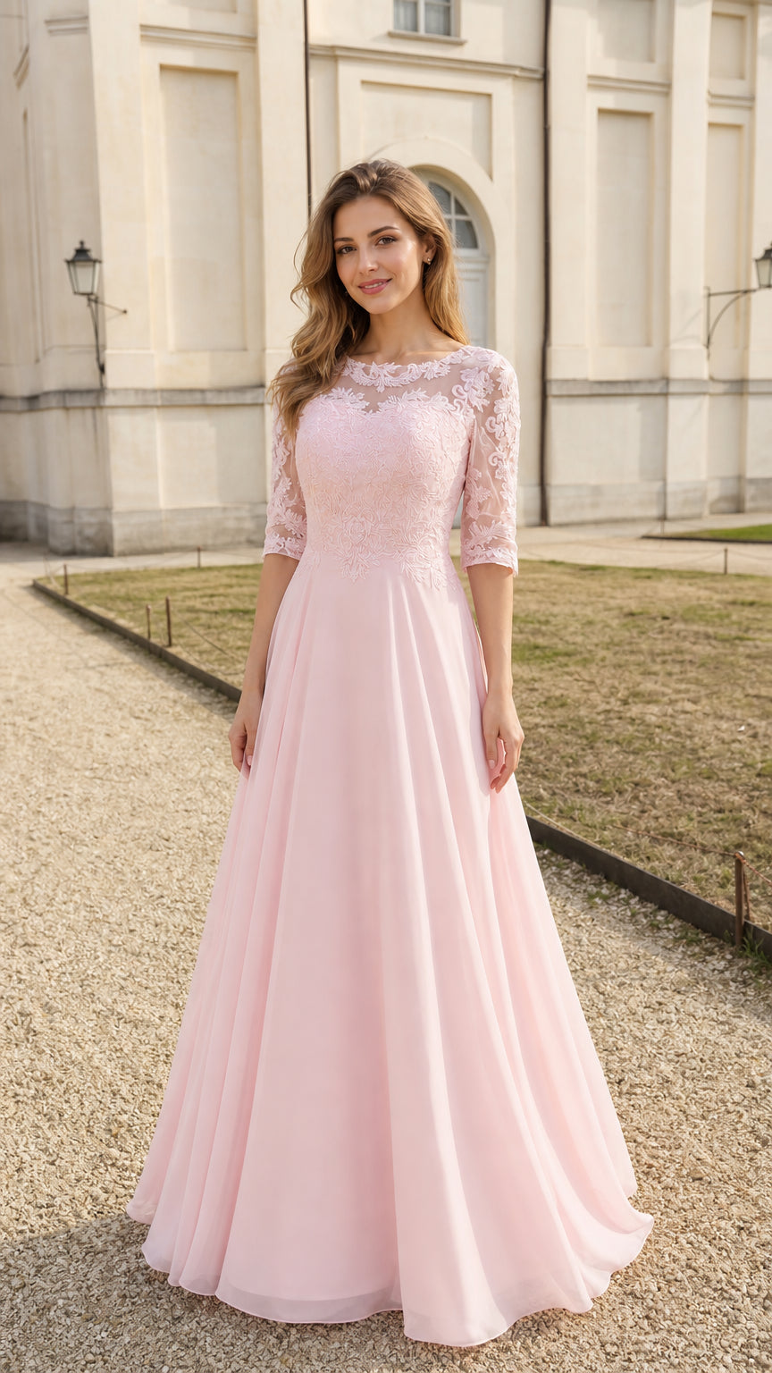 Front full view of pink lace evening dress