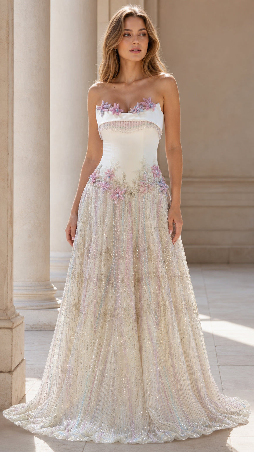 Front view of ivory strapless beaded evening gown