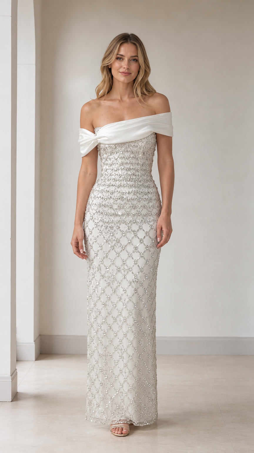 Front view of white off-shoulder beaded evening gown