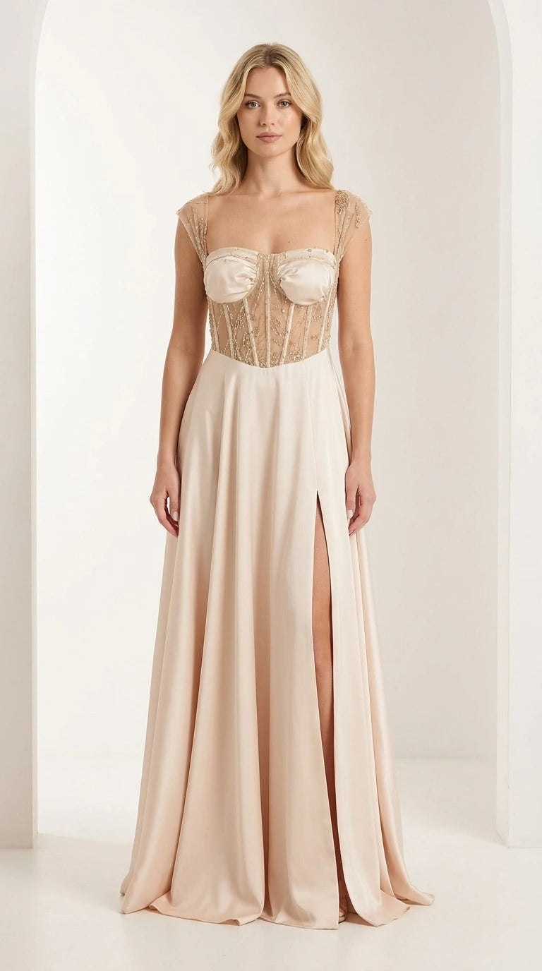 Front view of champagne embellished corset satin evening gown