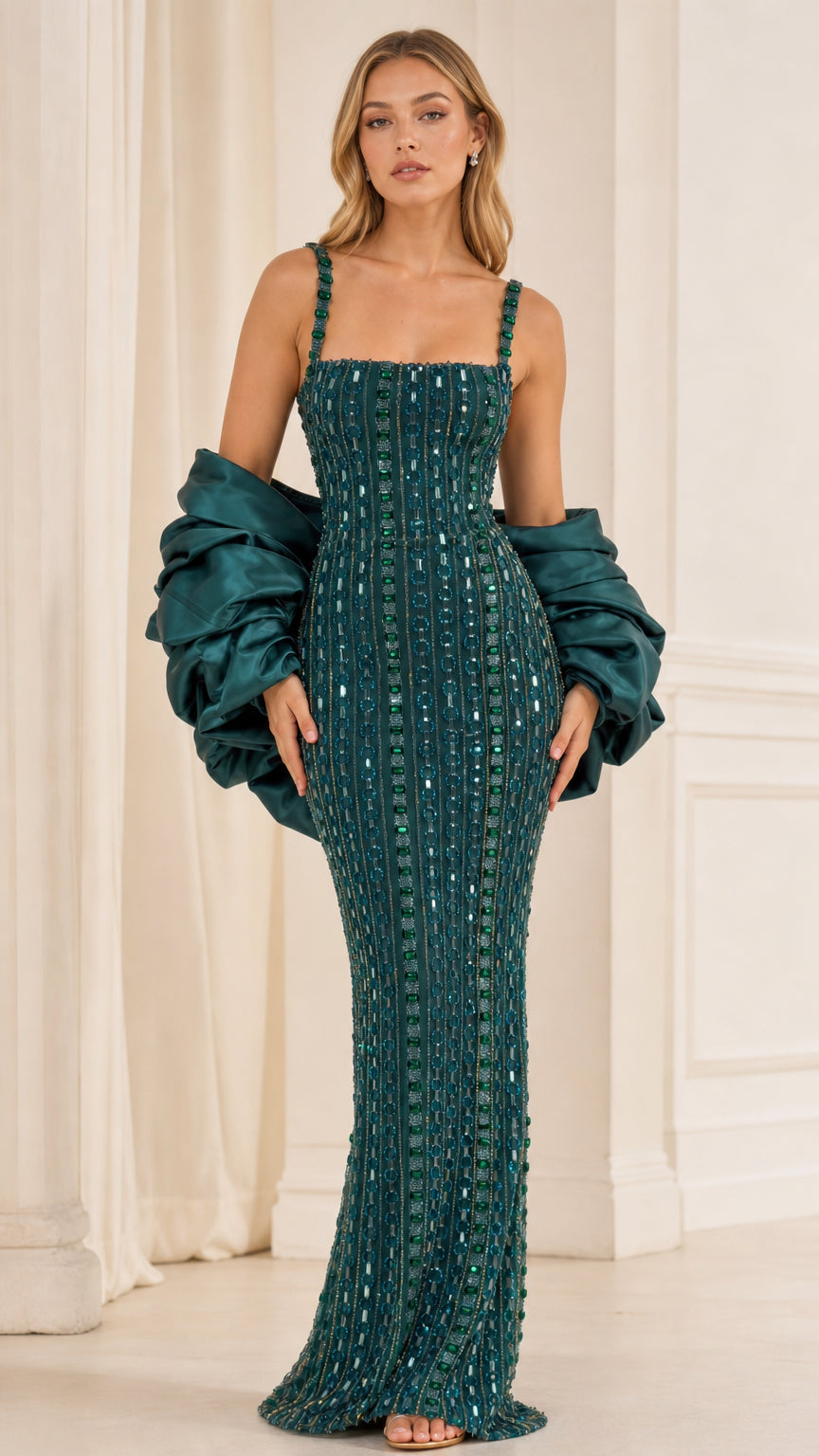 Front view of emerald green embellished maxi gown with statement sleeves