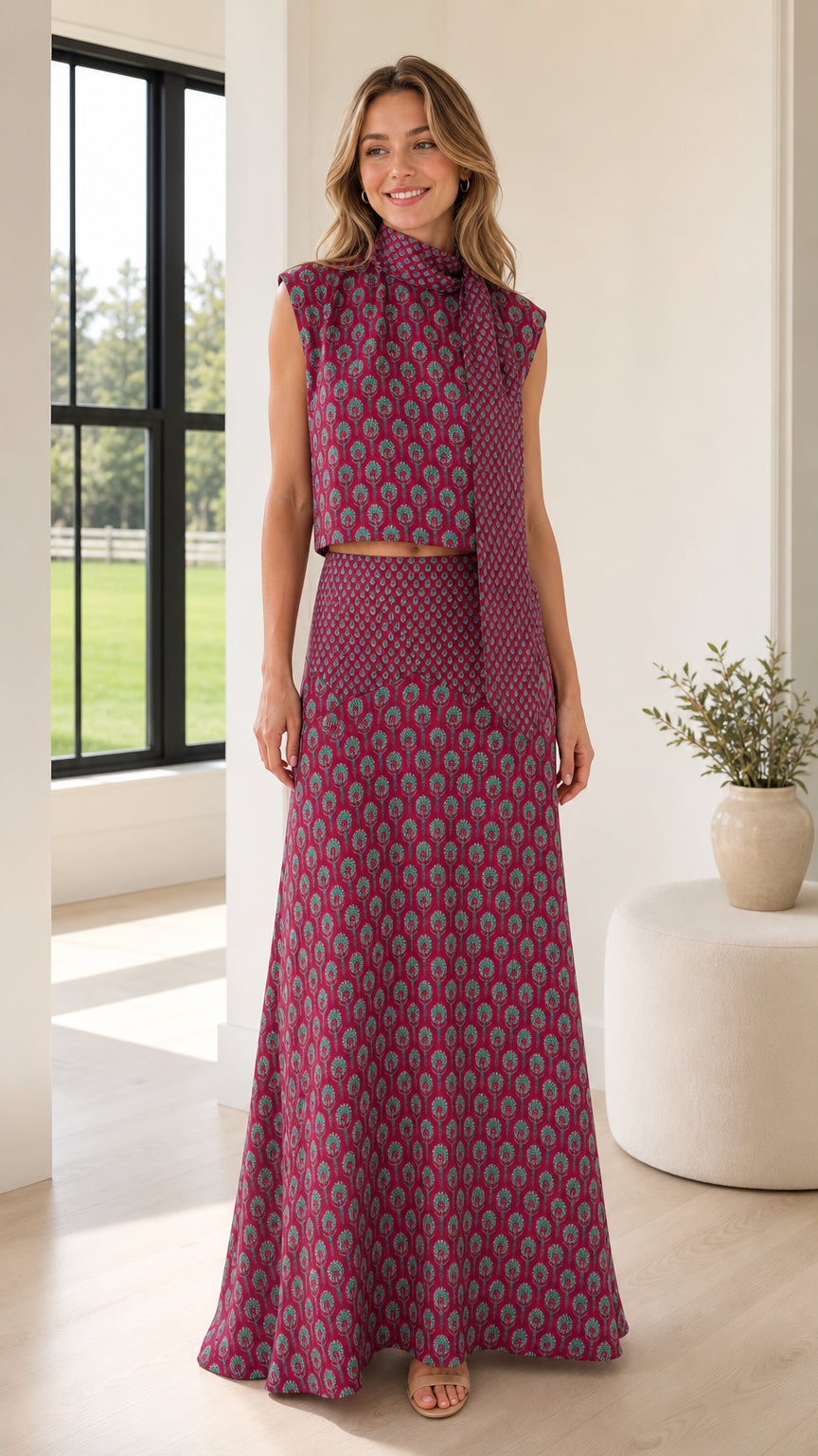 Front view of model wearing berry patterned two-piece top and maxi skirt set
