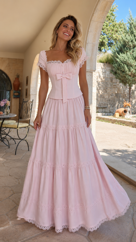 Front view of blush pink lace trim bow front tiered maxi dress