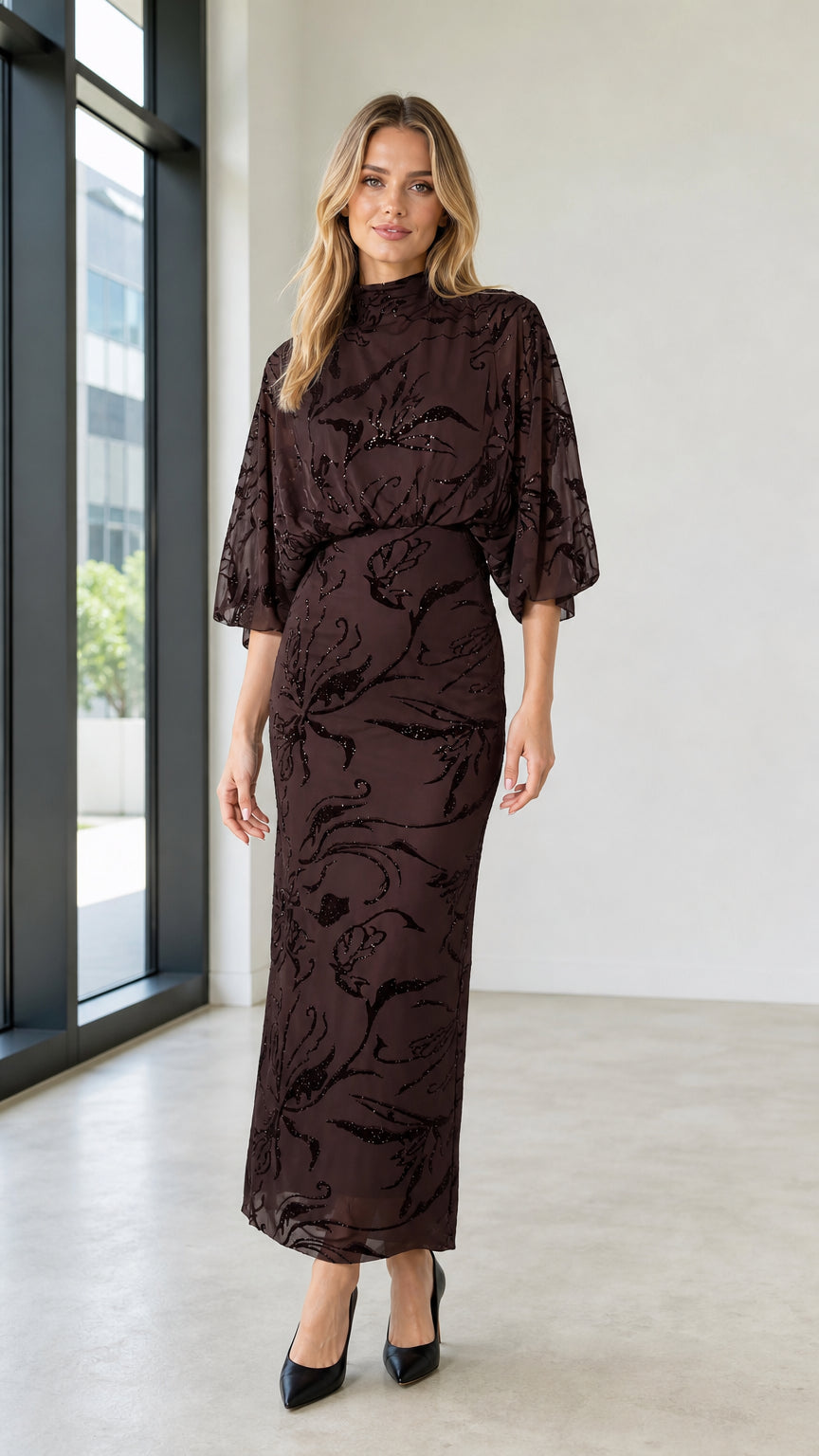 Front view of Dark Brown mock neck sequin floral maxi dress