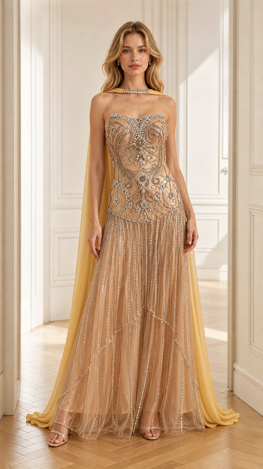 Front view of champagne embellished strapless evening gown with sheer cape