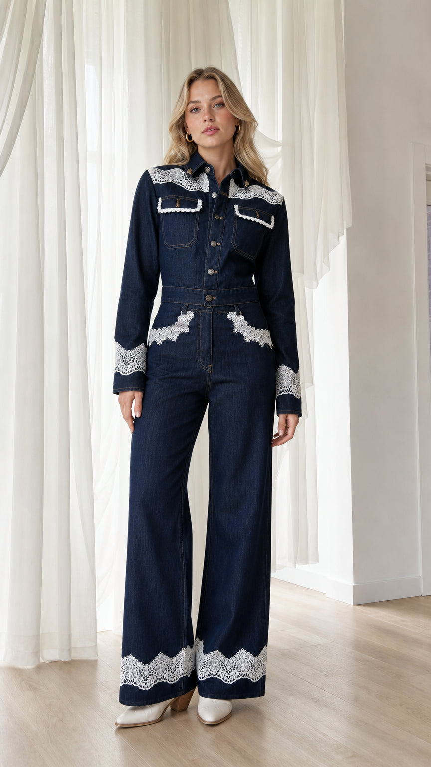Front view of model wearing dark denim lace trim jumpsuit