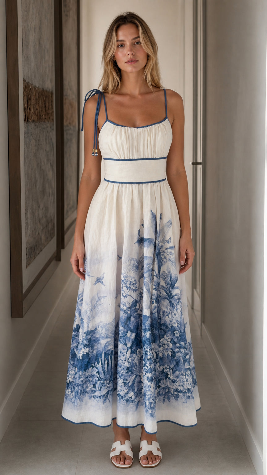 Front view of white toile print camisole maxi dress