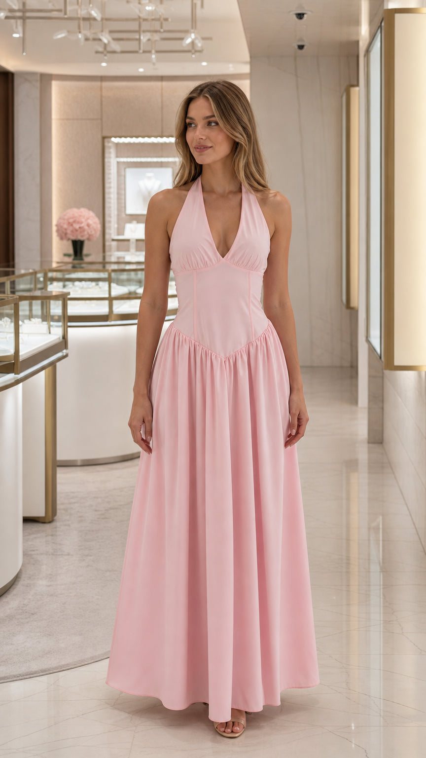 Front view of pink halter neck maxi dress