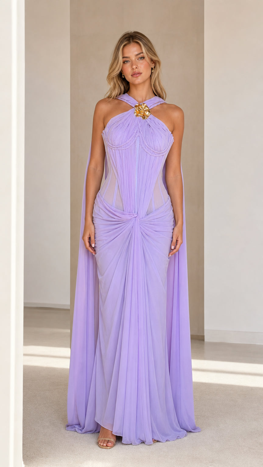 Model wearing lavender flowing cape maxi dress front view