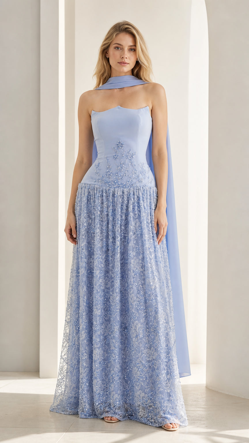 Front view of light blue strapless evening gown with matching scarf