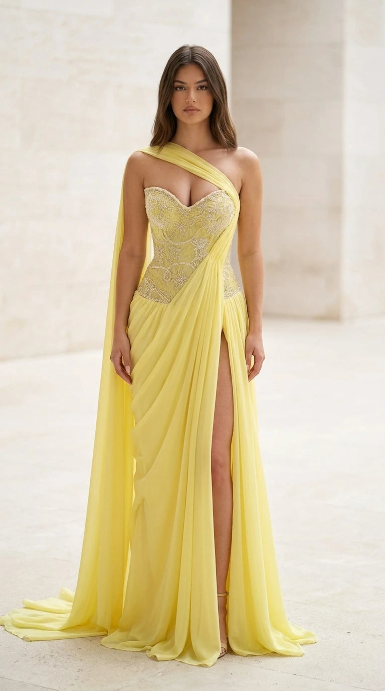 Front view of yellow one-shoulder evening gown with cape drape