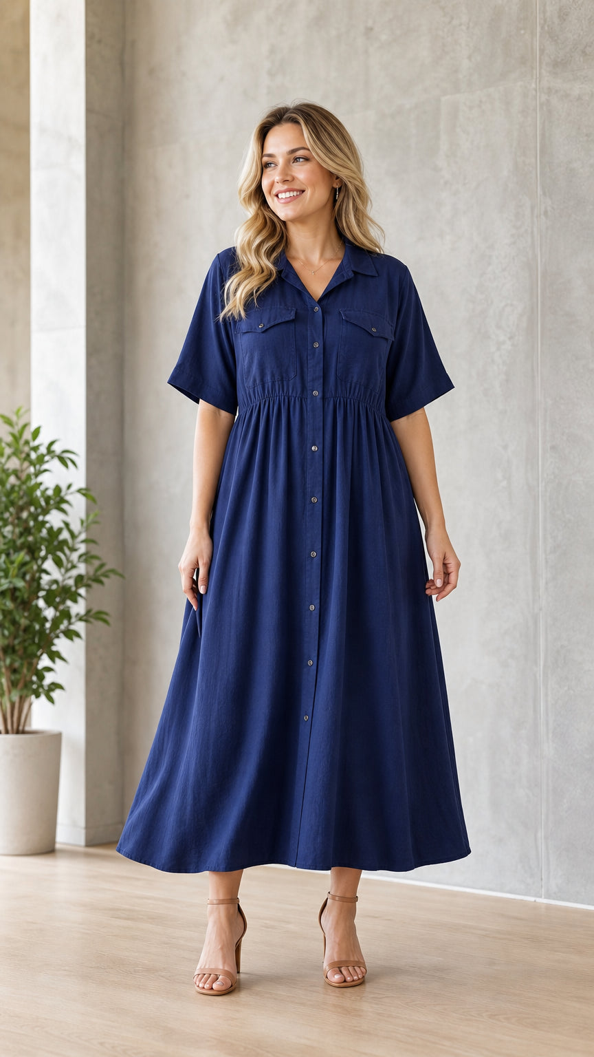 Woman wearing navy blue utility midi shirt dress from the front